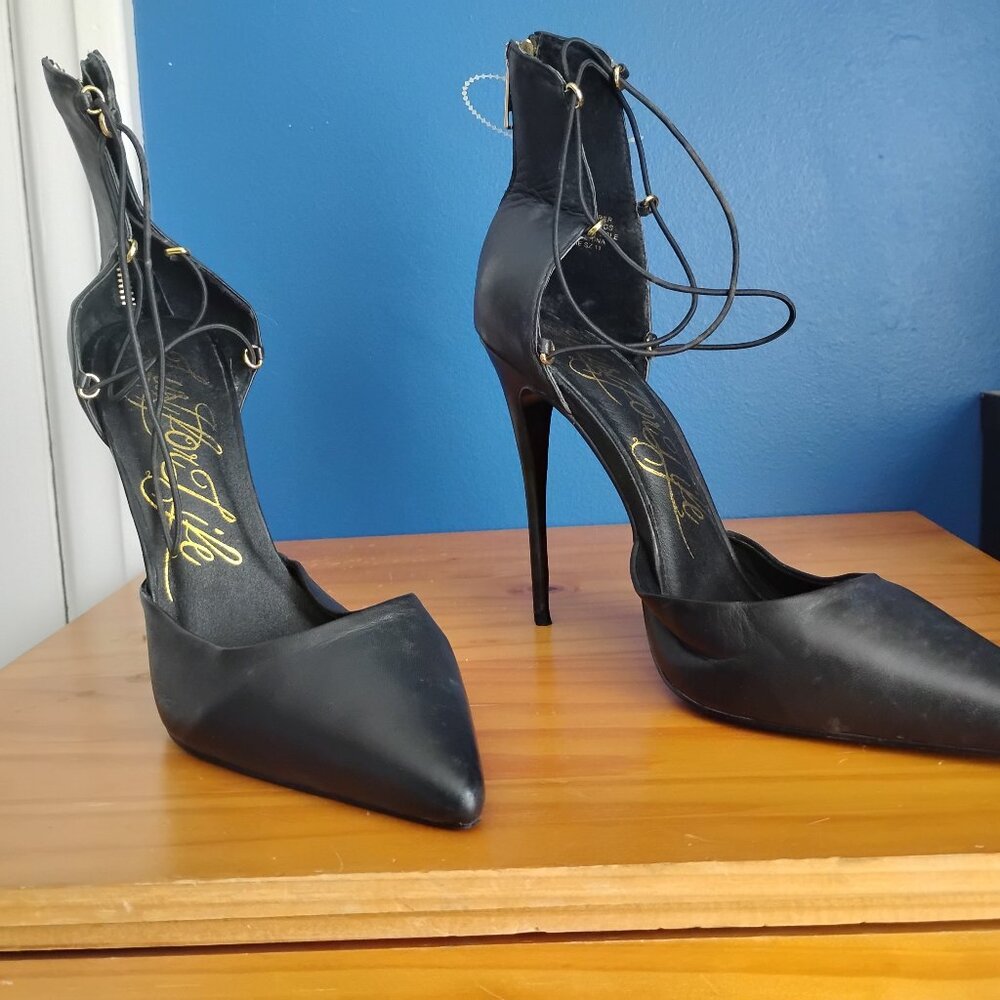 Black leather lace stiletto pumps size  11